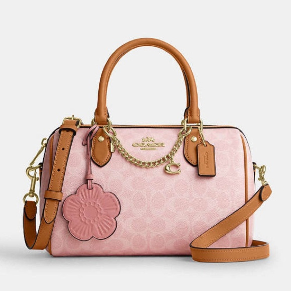 Sold ❌Coach Powder Pink Rowan Medium Satchel Bag In Signature With Charms NWT